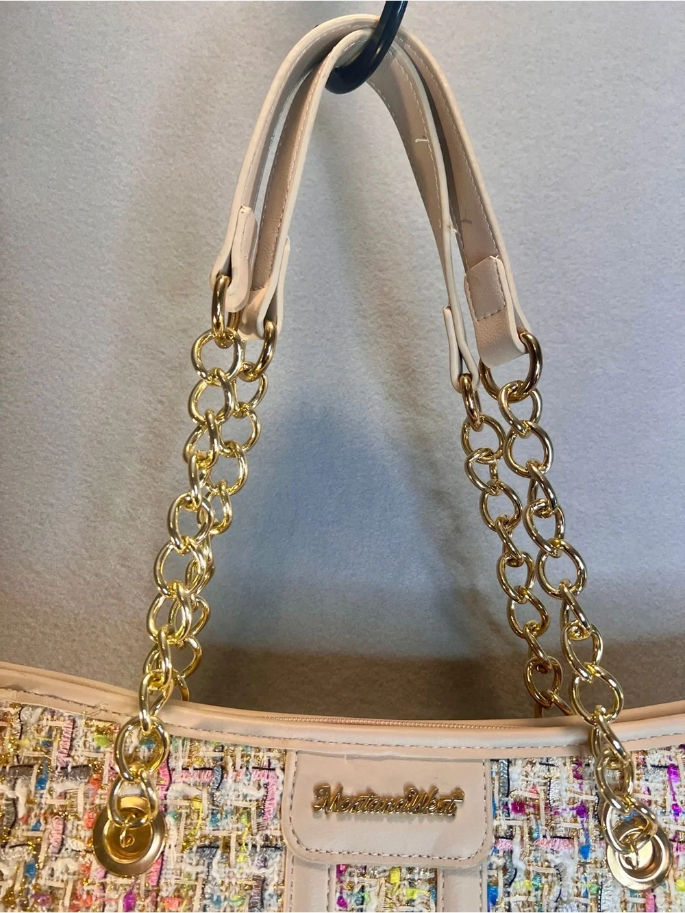 Montana West Pink Cream Tweed Large Purse Gold Chain New No Tag 90s Y2K Cher